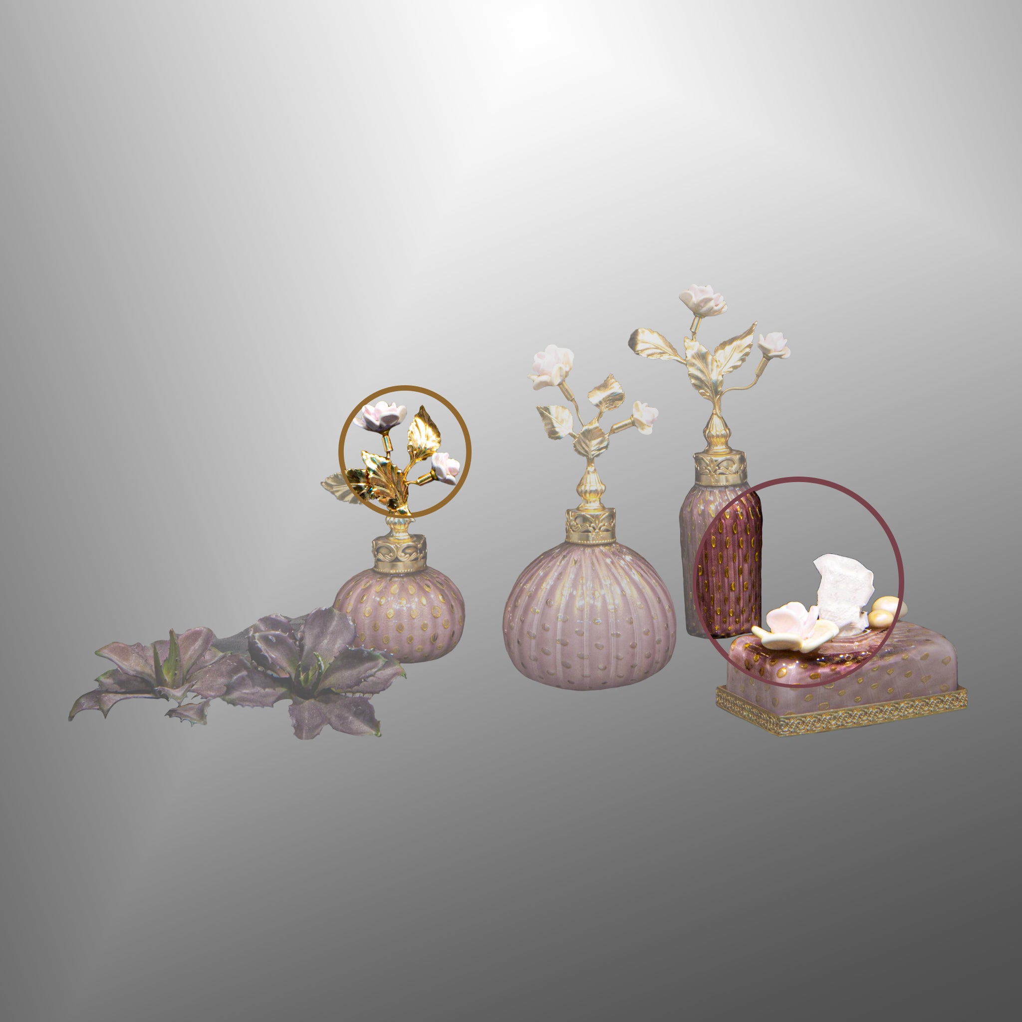 Amethyst parfume bottles with brass details and flowers