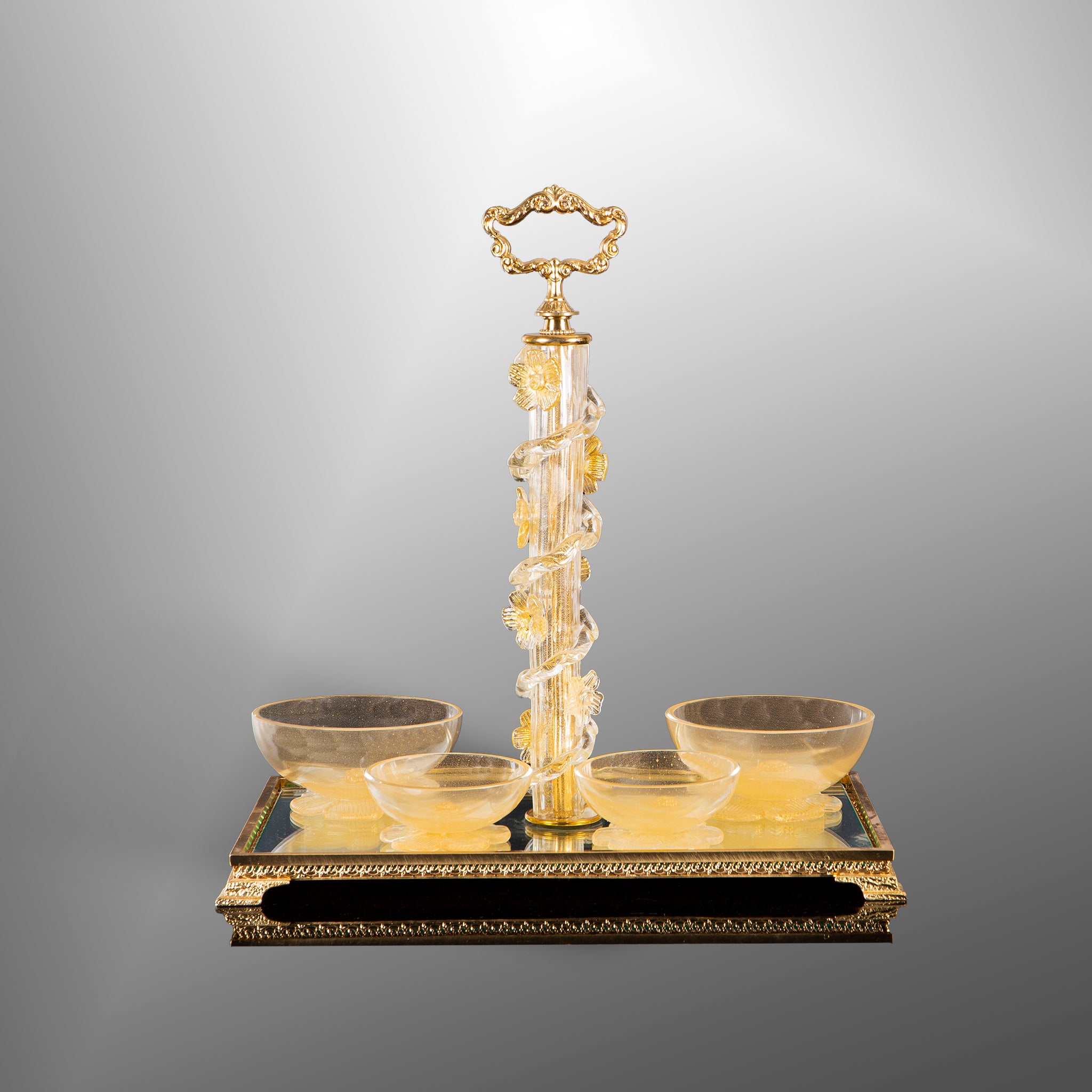 Brass tray with bowls in Murano glass with a daisy base