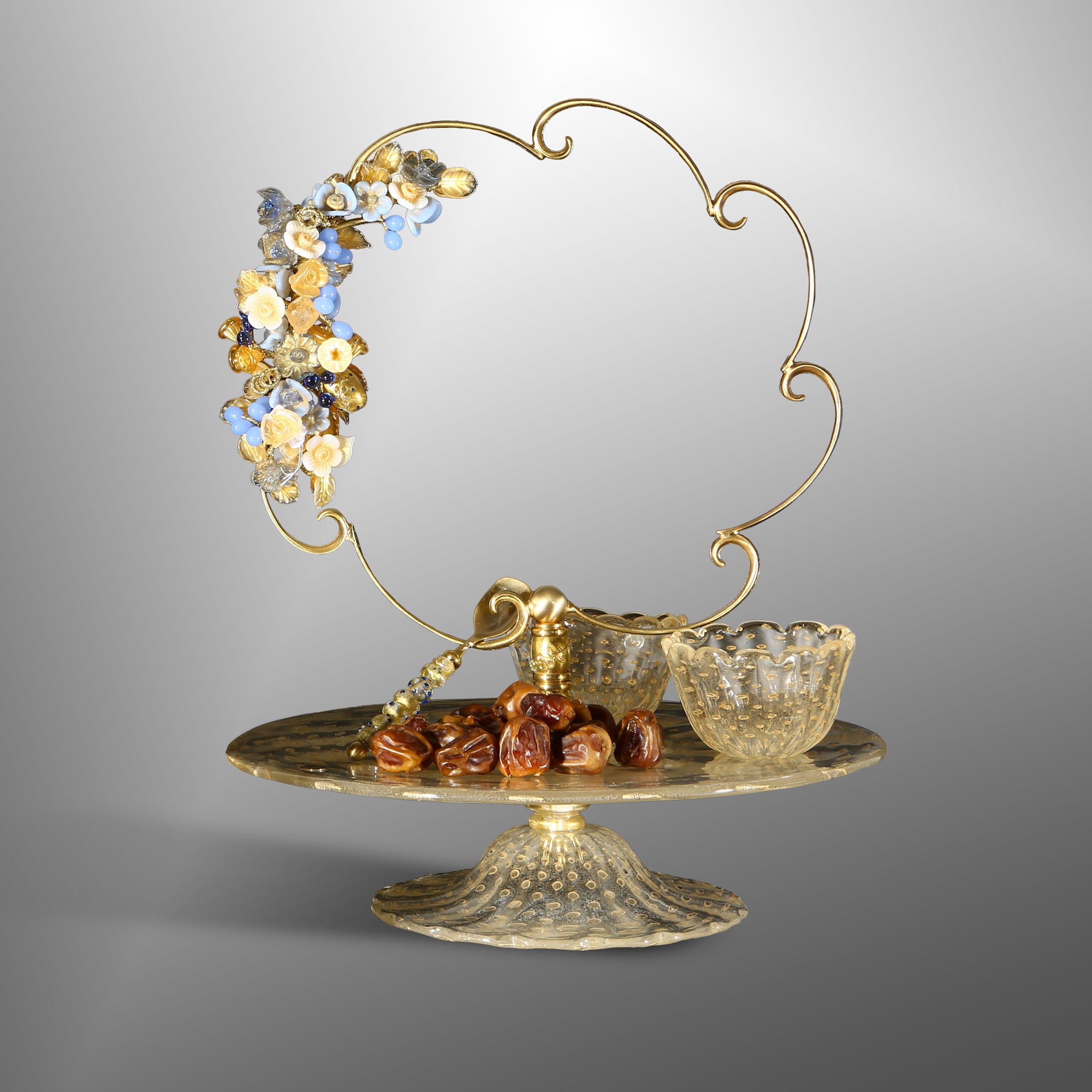 Tray with backsplash, twig with bowls, cups and teaspoons