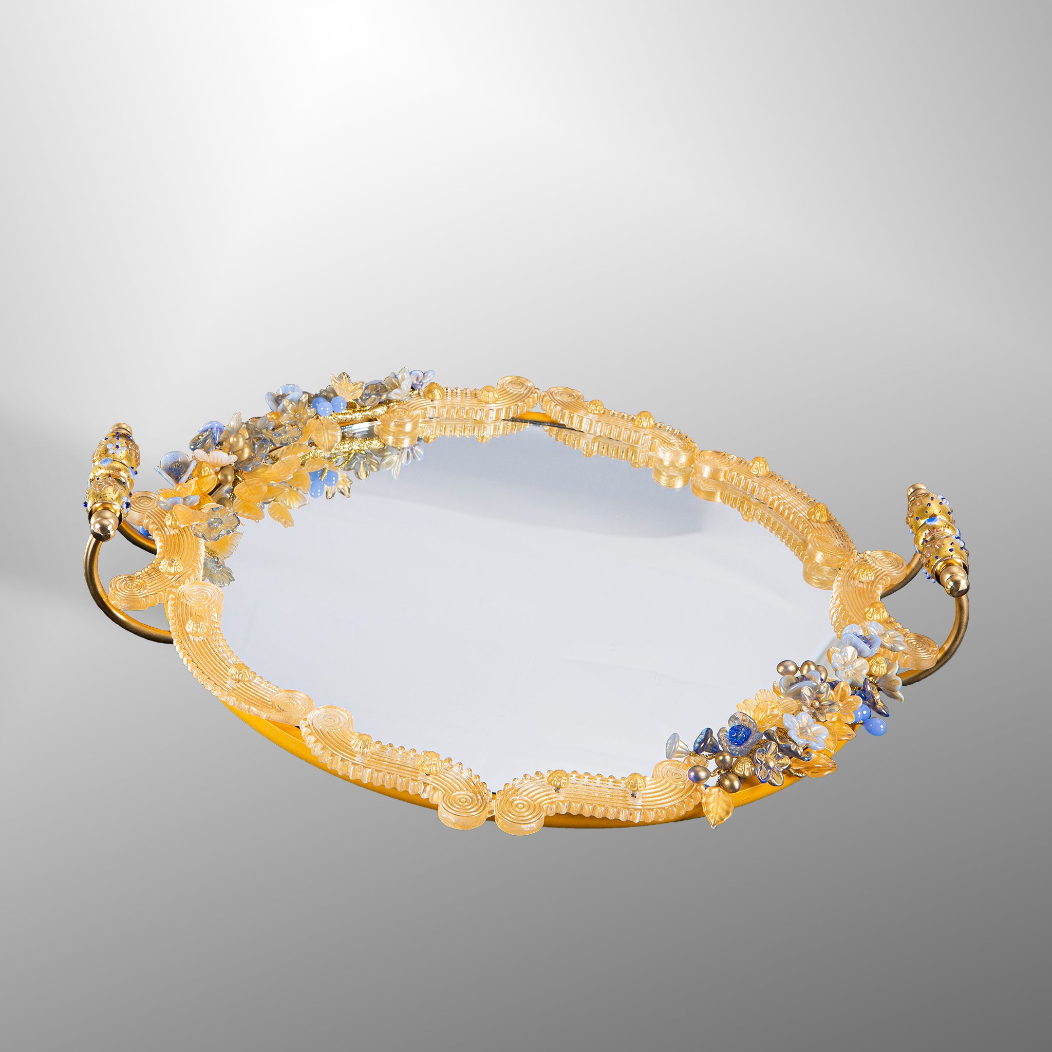 Vassoio tondo con fiori azzurri e oro